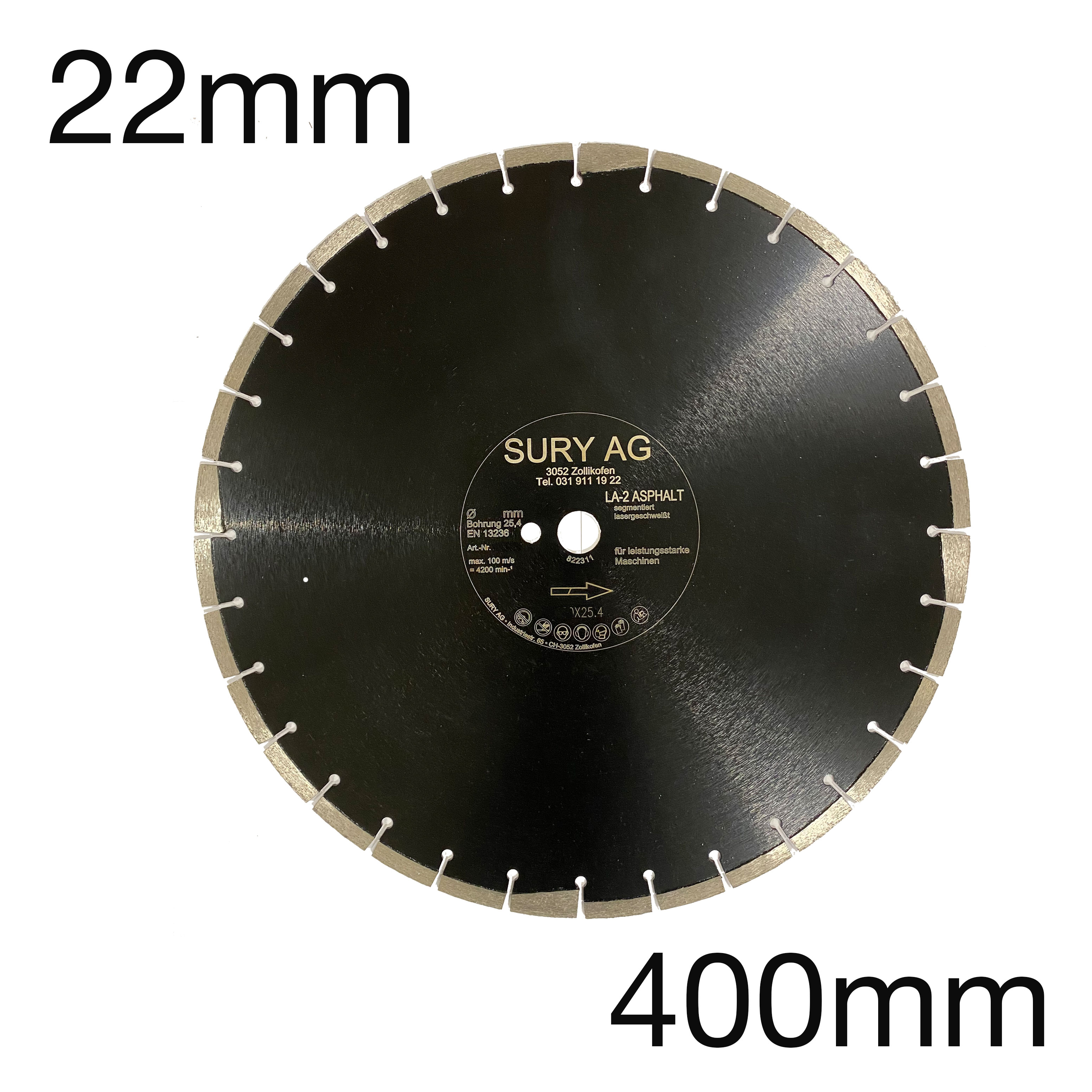 Diamant-Trennscheibe für Asphalt, mit zusätzlichem Schrägsegment, 10mm Segmenthöhe, lasergeschweisst, 400 x 22mm Diamant-Trennscheibe für Asphalt, mit zusätzlichem Schrägsegment, 10mm Segmenthöhe, lasergeschweisst, 400 x 22mm