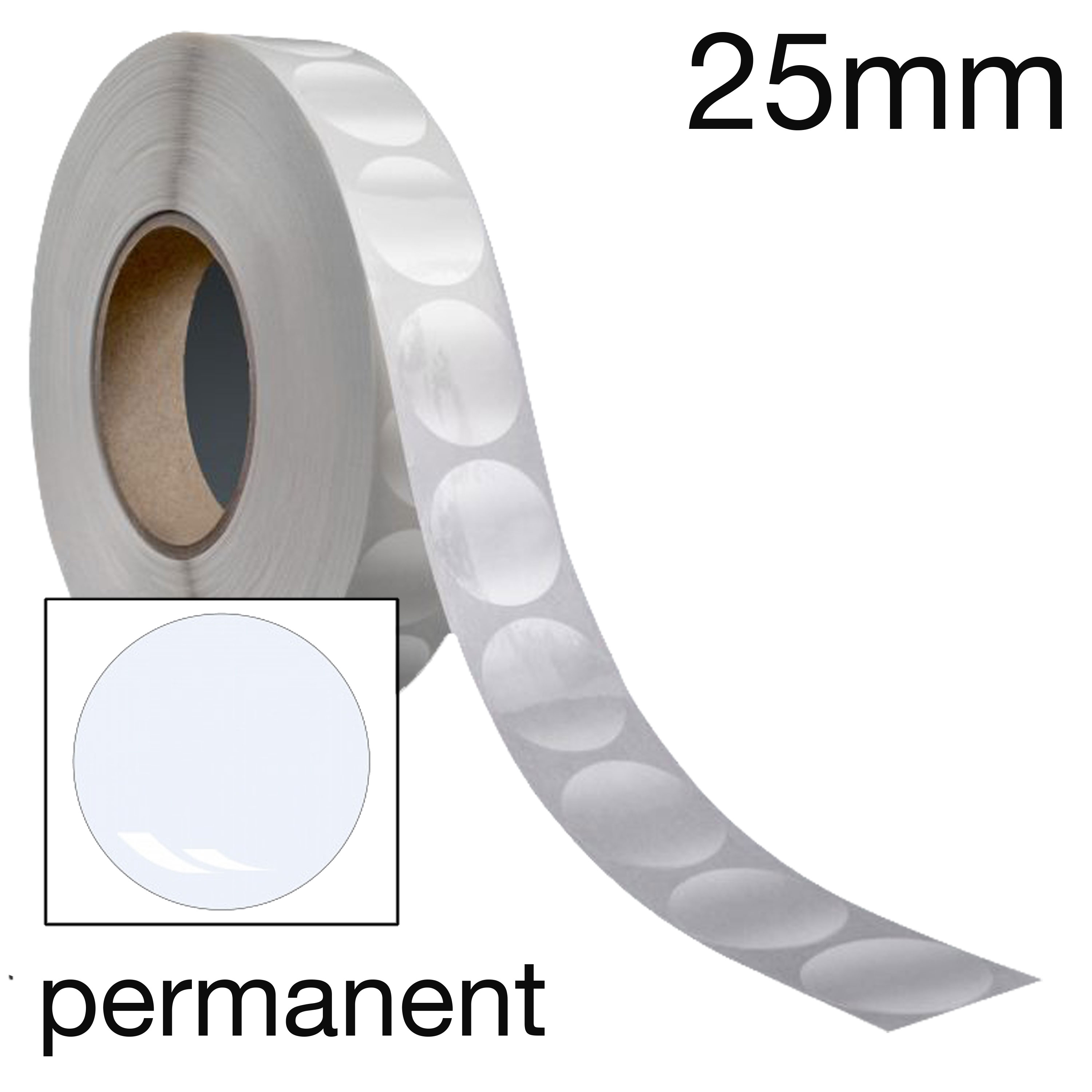 Verschlusspunkte 25mm, transparent, permanent, ohne Perforation, Rolle mit 5000 Stk Verschlusspunkte 25mm, transparent, permanent, ohne Perforation, Rolle mit 5000 Stk