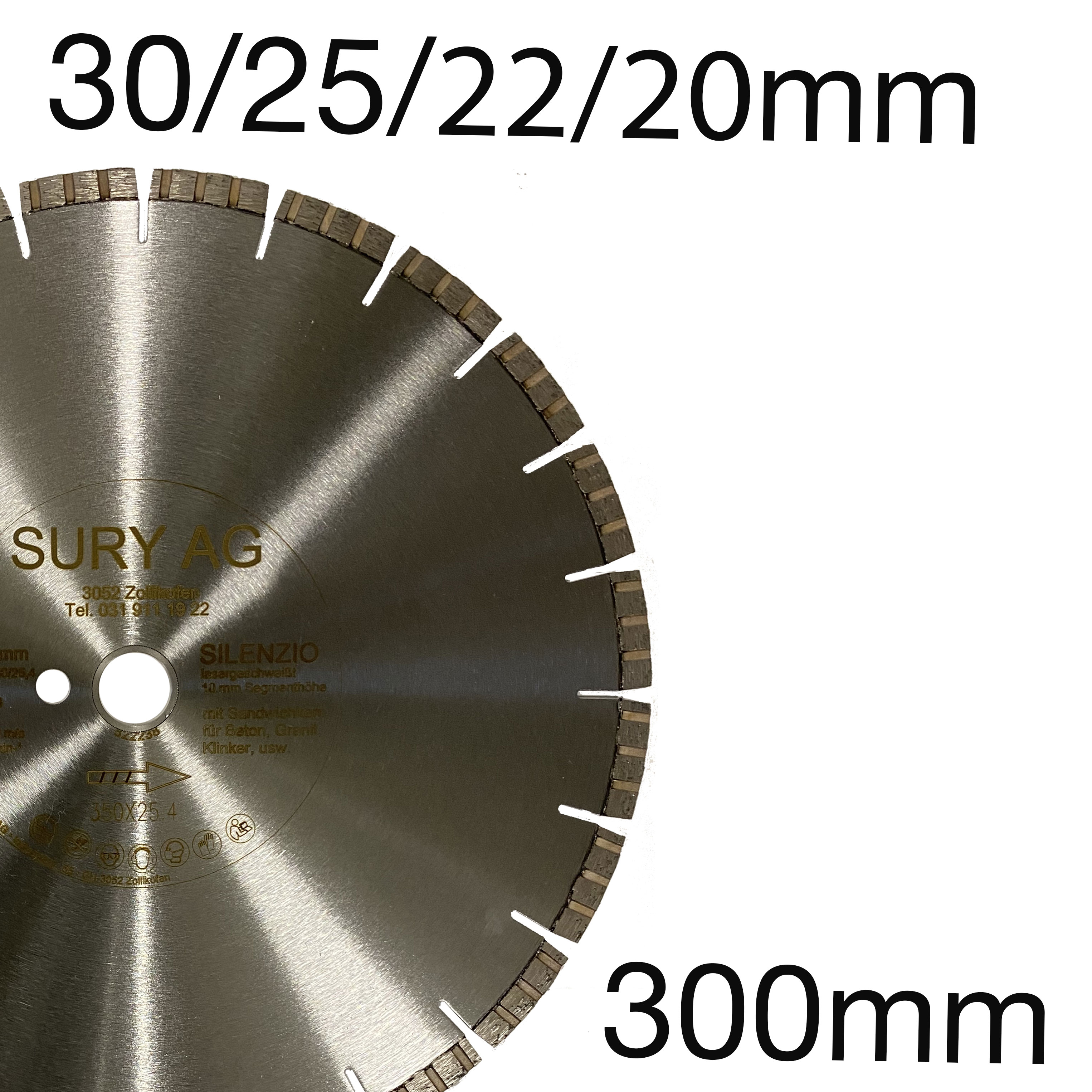 Diamant-Nasstrennscheibe Silenzio, geräuscharm, für Beton, Granit etc., 10mm Segmenthöhe, lasergeschweisst, 300 x 30/25/22/20mm
