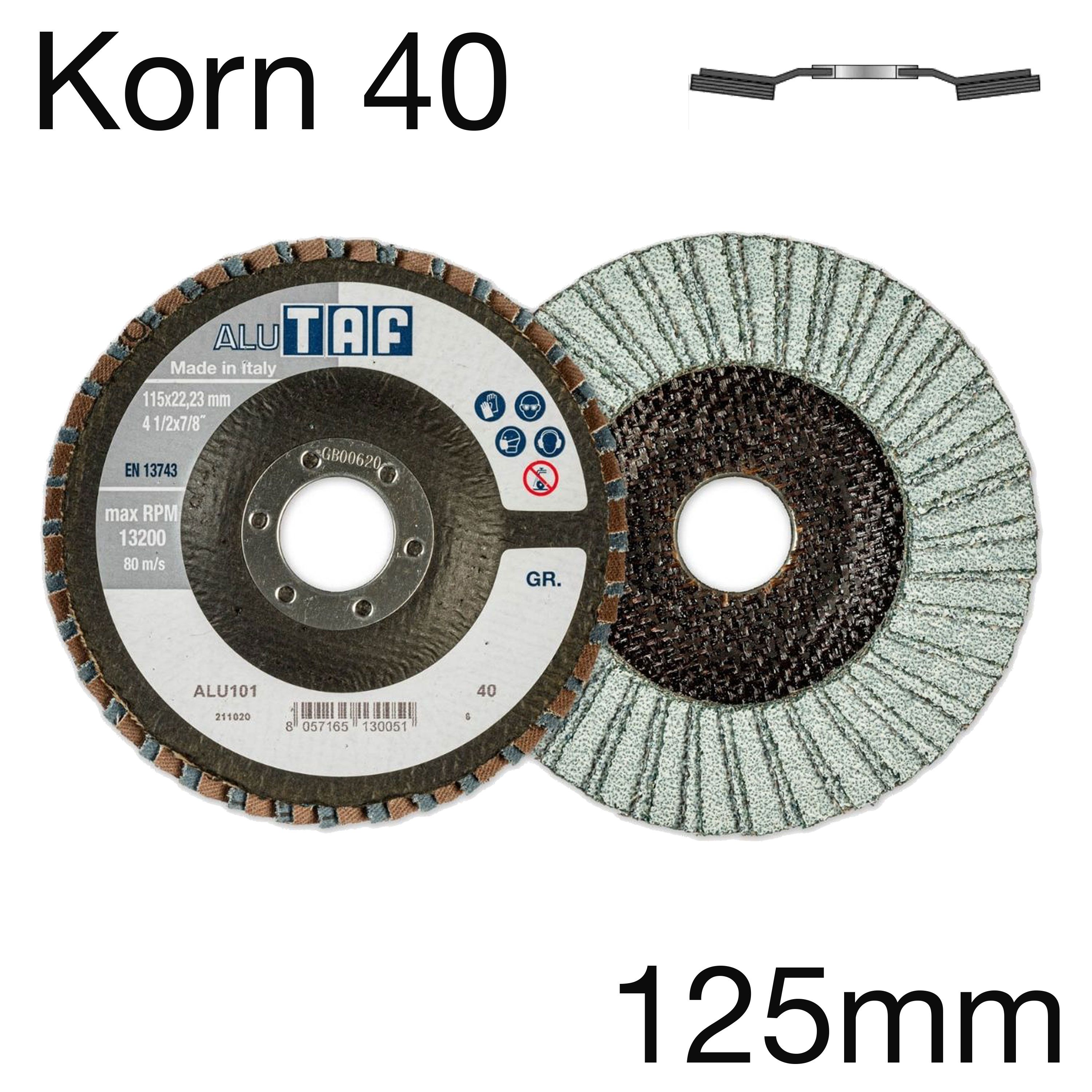 TAF Lamellenscheibe ALU104I, Zirkonkorund, gekröpft, Korn 40, 125 x 22mm TAF Lamellenscheibe ALU104I, Zirkonkorund, gekröpft, Korn 40, 125 x 22mm