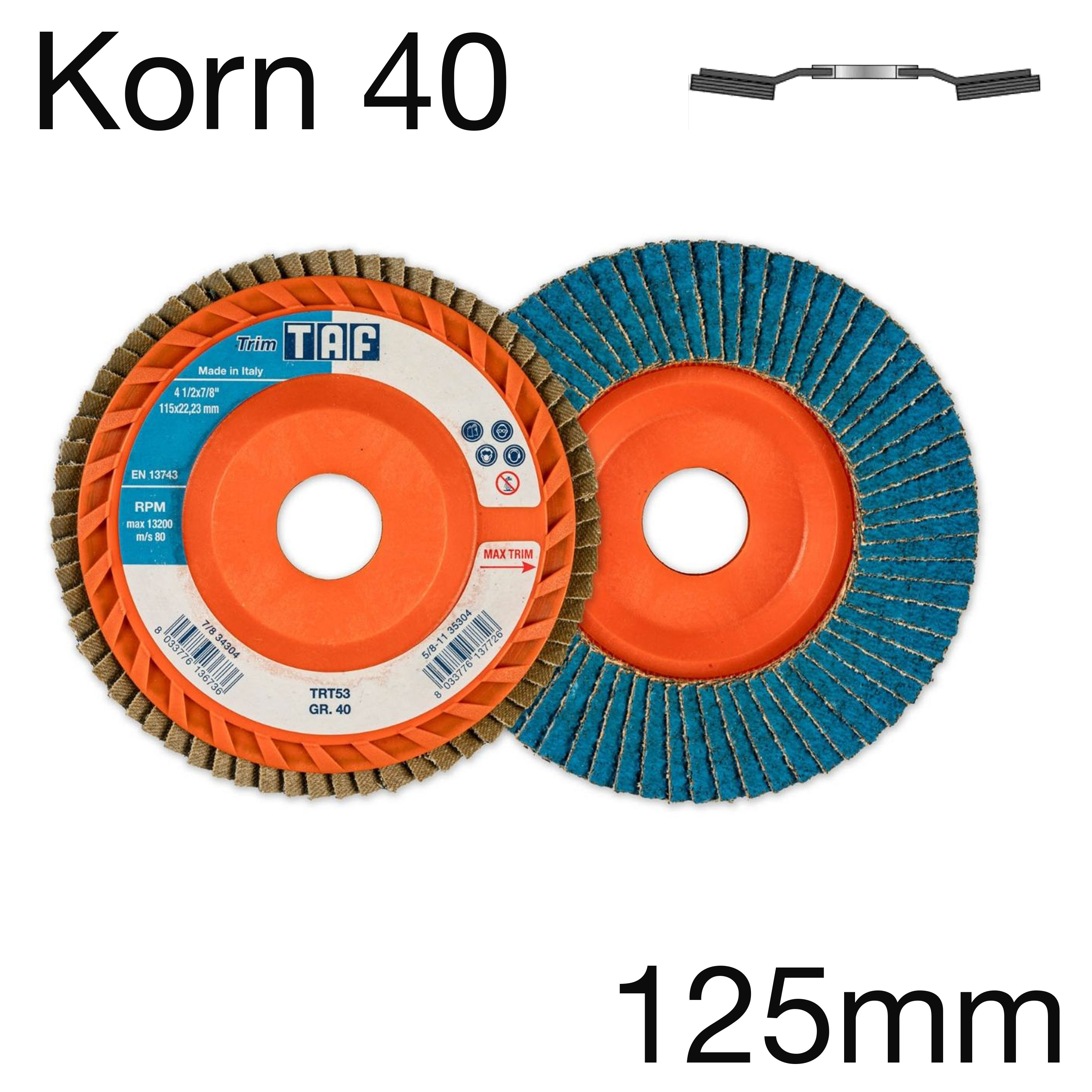 TAF Lamellenscheibe TRIM TRT64, Zirkon/Keramik, gekröpft, Korn 40, 125 x 22mm TAF Lamellenscheibe TRIM TRT64, Zirkon/Keramik, gekröpft, Korn 40, 125 x 22mm