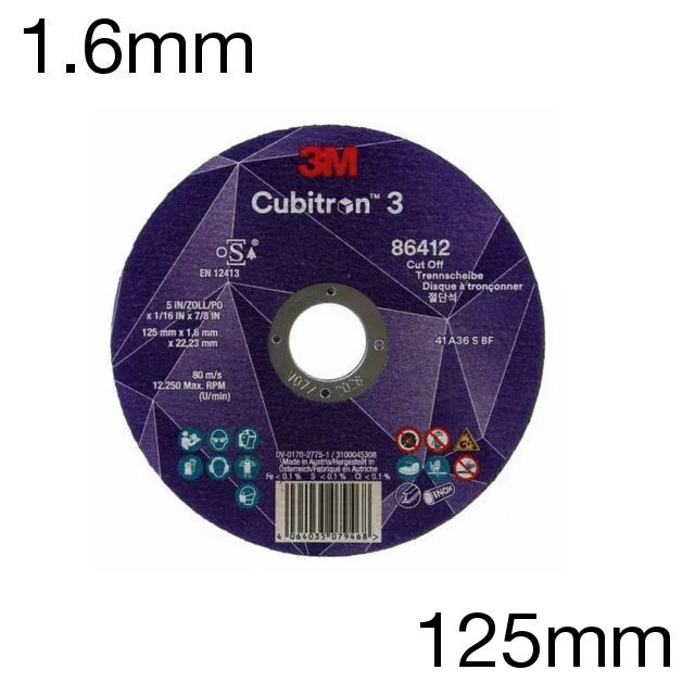 3M 86412 Cubitron 3 Trennscheibe, flach, 125 x 1.6 x 22mm, Pack mit 25 Stk 3M 86412 Cubitron 3 Trennscheibe, flach, 125 x 1.6 x 22mm, Pack mit 25 Stk