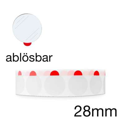 Verschluss-/Oberflächenschutz-Rondellen 28mm, transparent ablösbar, mit roter Anfasslasche, Rolle mit 2000 Stk